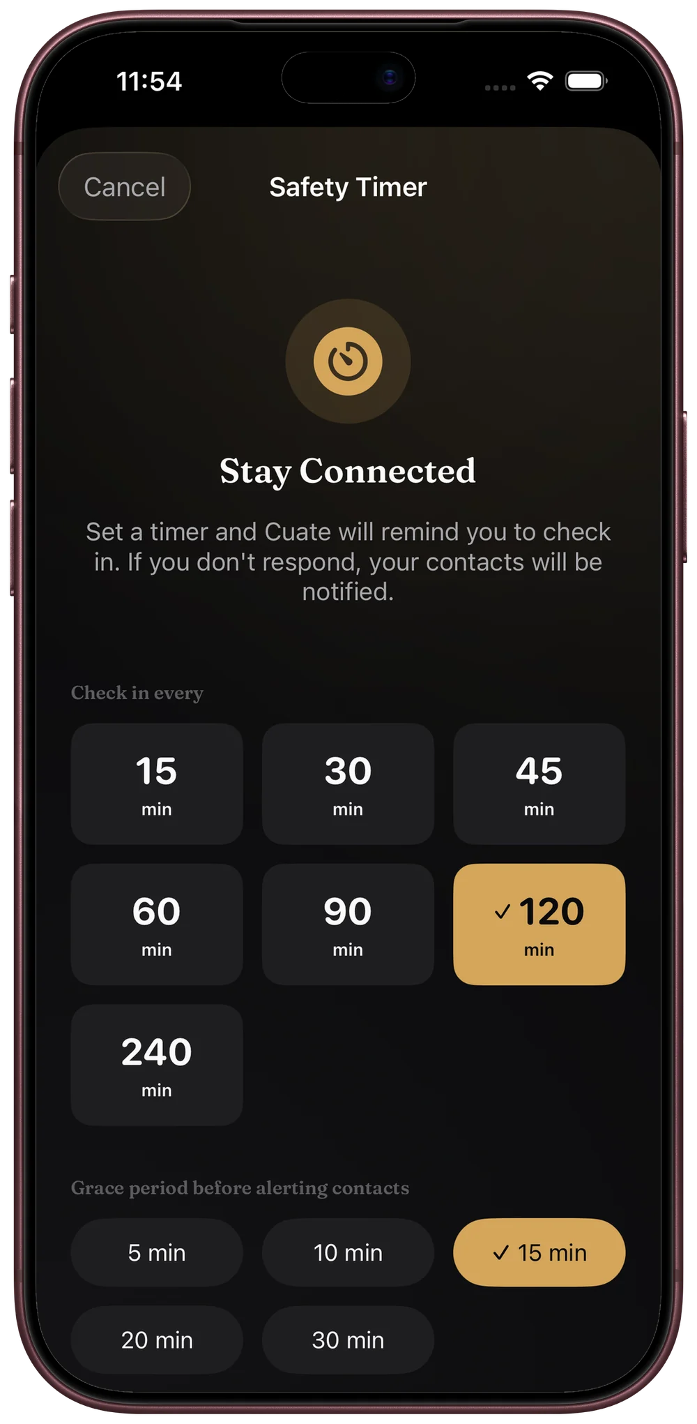 The Safety Timer: check in every 15 to 240 minutes, with a grace period before your contacts are alerted.