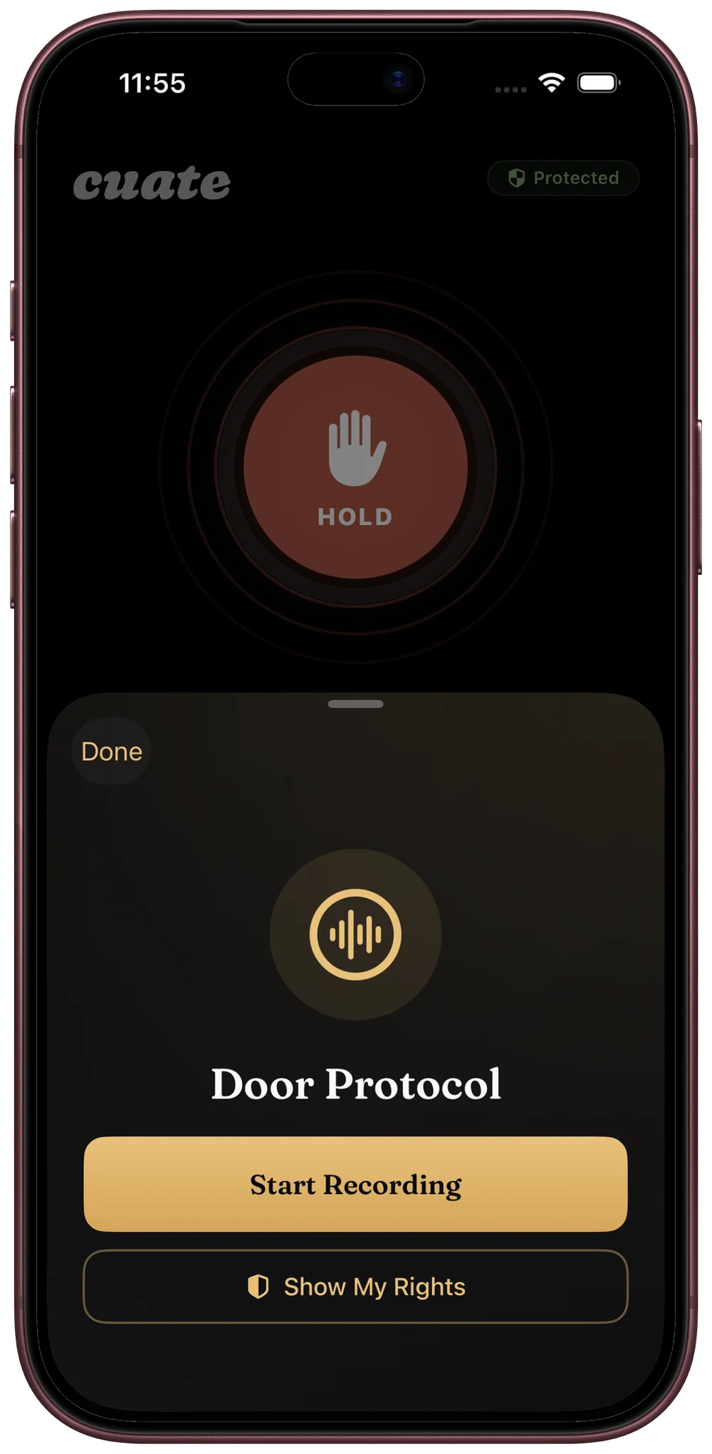 Door Protocol open over the home screen, with Start Recording and Show My Rights.